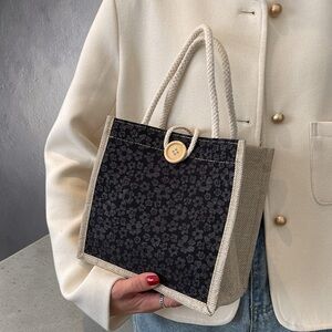 Small Black Floral Canvas Crossbody Tote with Natural Trim